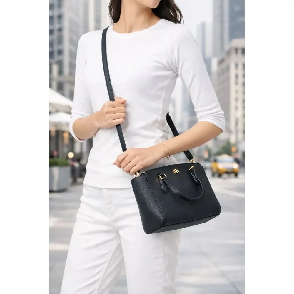 Tory Burch Emerson Mini Tote Crossbody Black Saffiano Leather Bag Gold Hardware